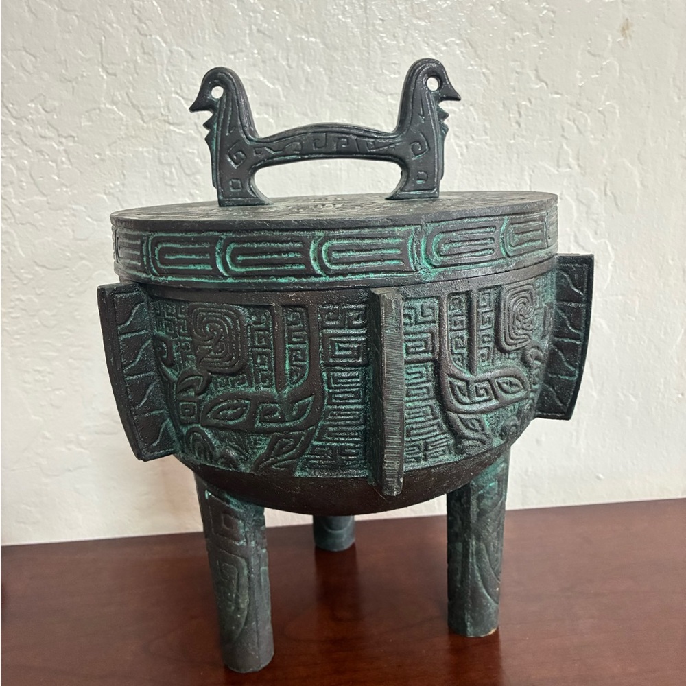 Vintage 1960s James Mont MCM Verdigris Mayan Aztec Asian Faux Bronze Ice Bucket